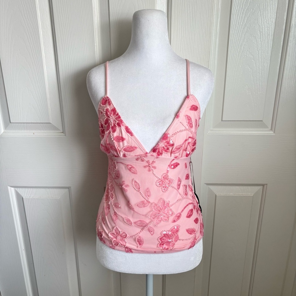 Pink Sequin Floral V-Neck Spaghetti Strap Camisole